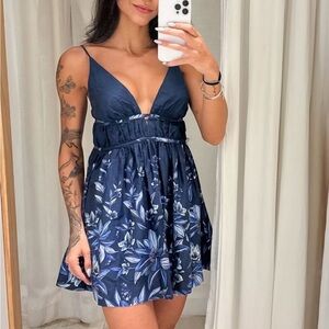 Farm Rio Mini Dress Navy Blue Floral Cotton Sleeveless Medium NWT